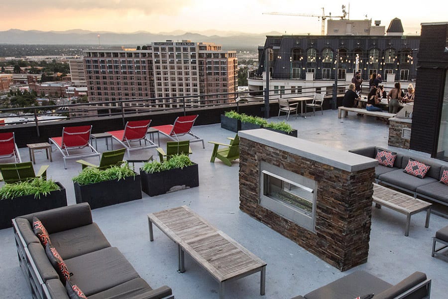 Rooftop deck view of Denver, CO from Archer Tower.