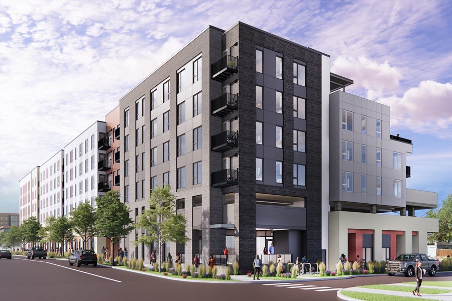 Rendering of Laramar Group’s upcoming 155-unit multifamily community at Colfax Avenue and Colorado Boulevard in Denver, featuring a six-story modern building with rooftop deck, landscaped streetscape, and contemporary architecture near City Park and the 9+CO district.